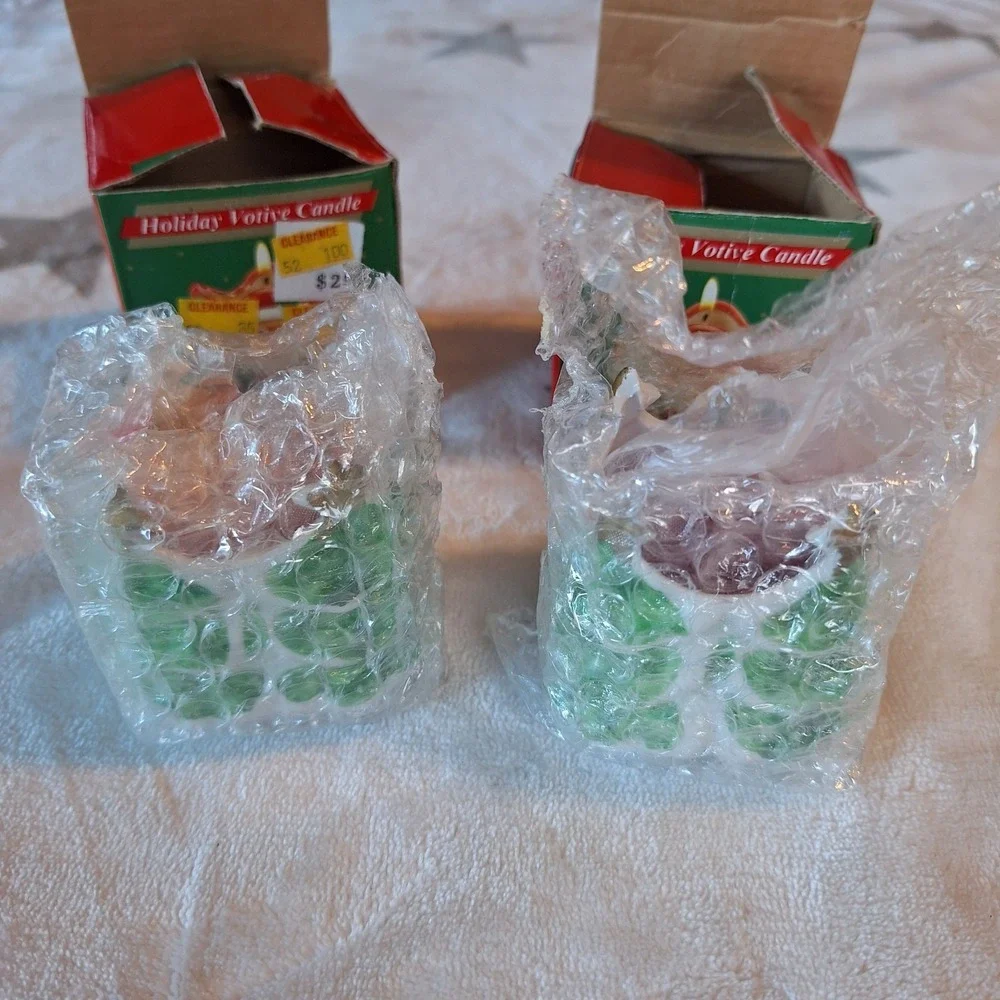 1989 New Holiday Votive Candle Set of 2 Porcelain Green Christmas Trees W/Candle